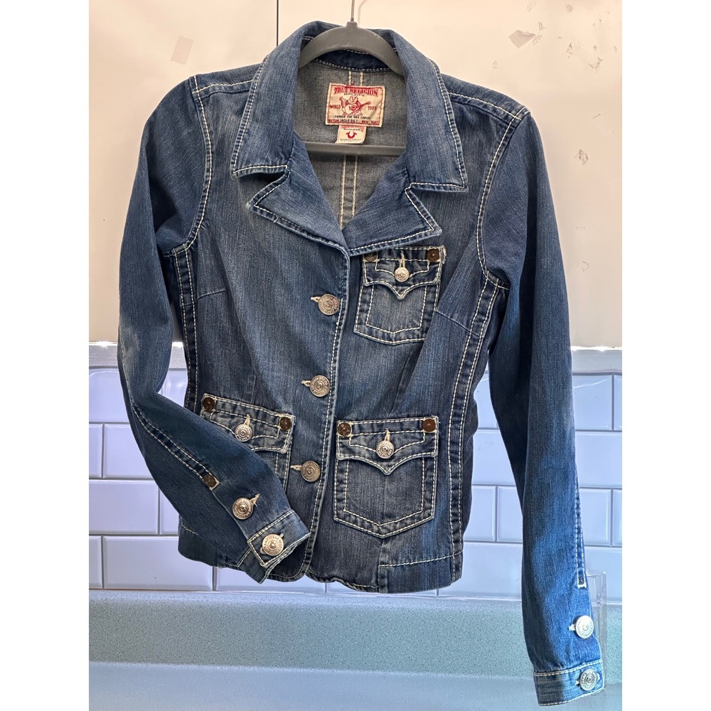 True Religion Jackie Big T Blue Denim Jacket Contrast Stitch Cinch Back Medium
